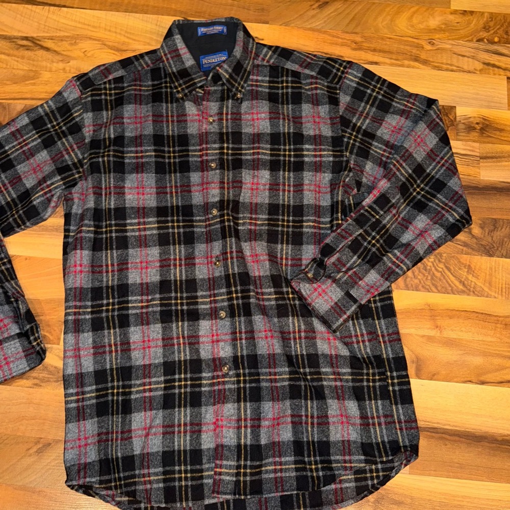 Pendleton Fireside Shirt Mens Plaid Wool Button Up Flannel Gray Red Black‎ camp